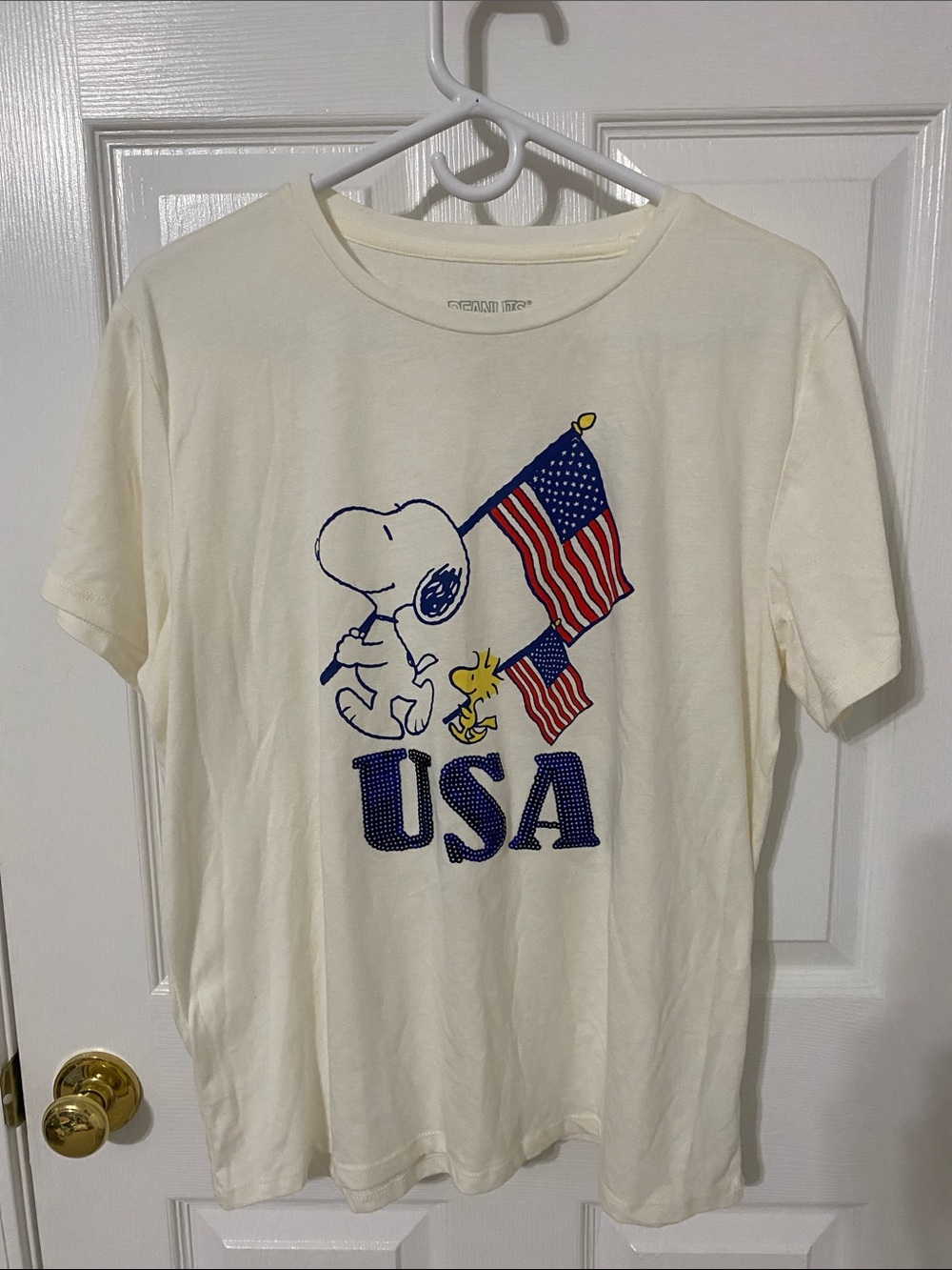 Peanuts Cream Color Patriotic T Shirt with Sequin Trim